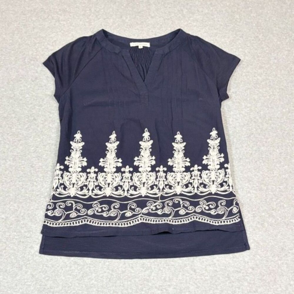 Retrology Women’s Small Navy Embroidered Border Print Blouse Boho Short Sleeve